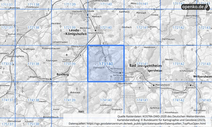 Übersichtskarte des KOSTRA-DWD-2020-Rasterfeldes Nr. 173140