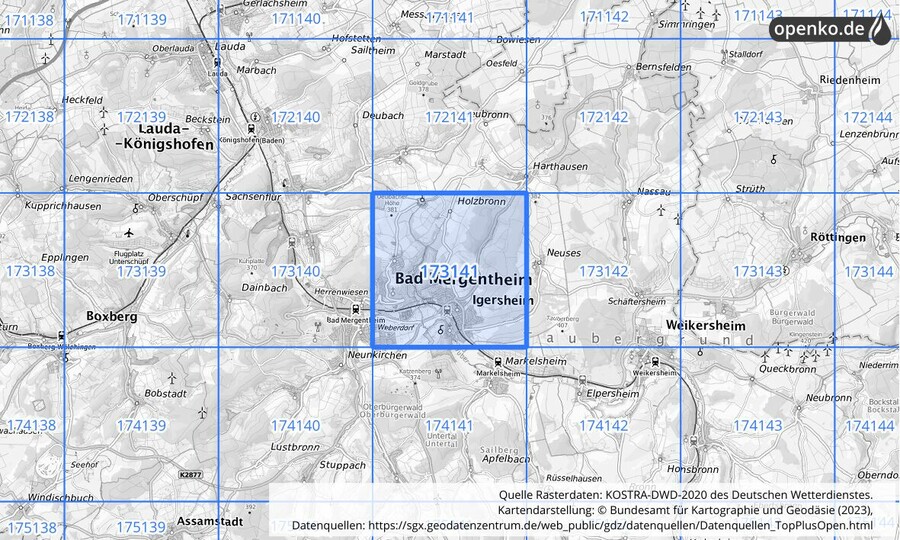 Übersichtskarte des KOSTRA-DWD-2020-Rasterfeldes Nr. 173141