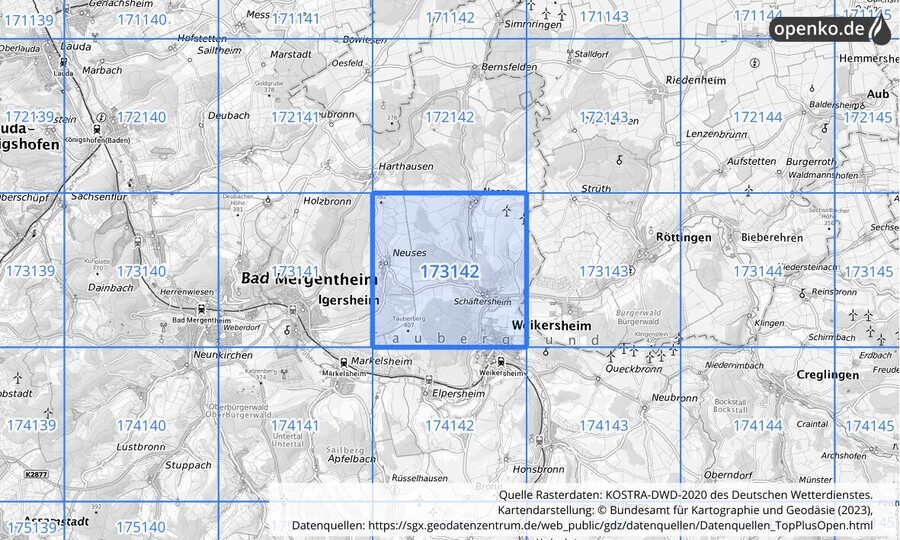 Übersichtskarte des KOSTRA-DWD-2020-Rasterfeldes Nr. 173142