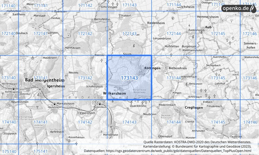 Übersichtskarte des KOSTRA-DWD-2020-Rasterfeldes Nr. 173143