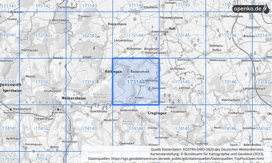 Übersichtskarte des KOSTRA-DWD-2020-Rasterfeldes Nr. 173144