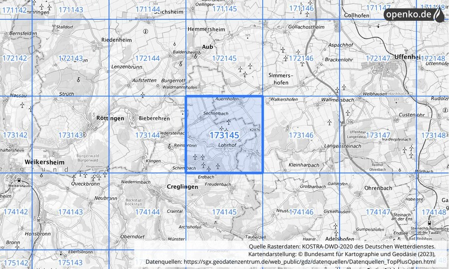 Übersichtskarte des KOSTRA-DWD-2020-Rasterfeldes Nr. 173145