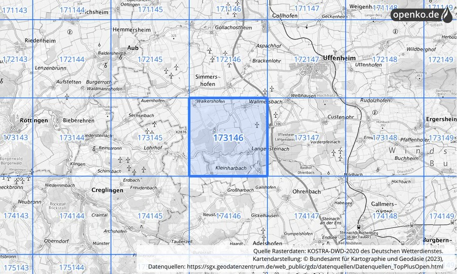 Übersichtskarte des KOSTRA-DWD-2020-Rasterfeldes Nr. 173146