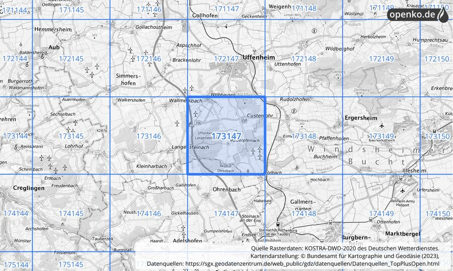 Übersichtskarte des KOSTRA-DWD-2020-Rasterfeldes Nr. 173147