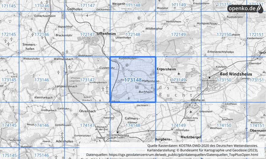 Übersichtskarte des KOSTRA-DWD-2020-Rasterfeldes Nr. 173148