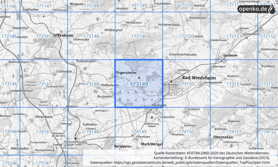 Übersichtskarte des KOSTRA-DWD-2020-Rasterfeldes Nr. 173149