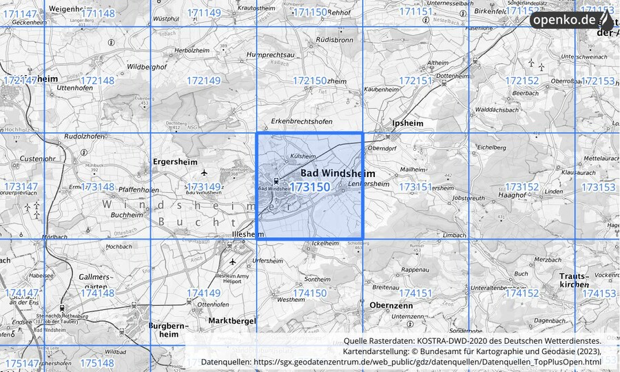 Übersichtskarte des KOSTRA-DWD-2020-Rasterfeldes Nr. 173150