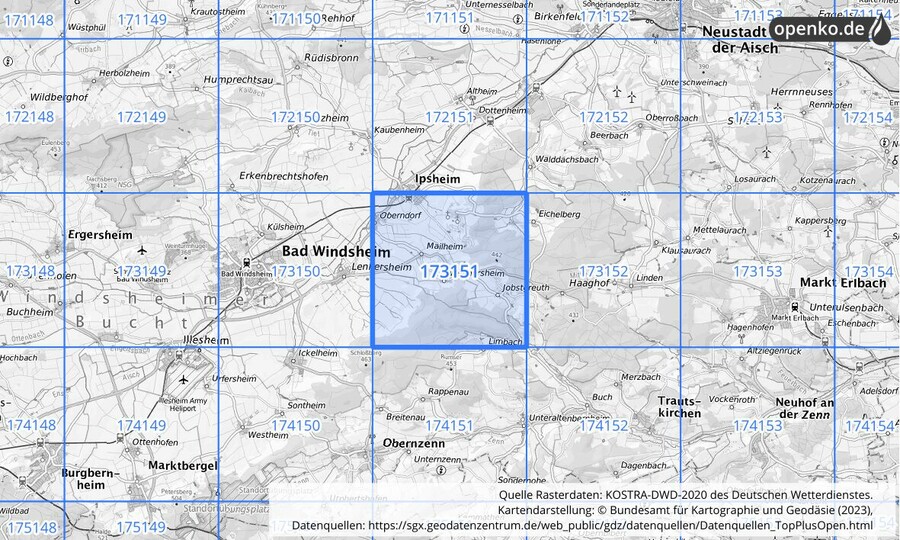Übersichtskarte des KOSTRA-DWD-2020-Rasterfeldes Nr. 173151