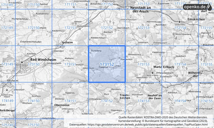 Übersichtskarte des KOSTRA-DWD-2020-Rasterfeldes Nr. 173152