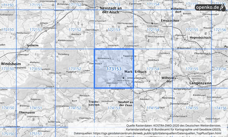Übersichtskarte des KOSTRA-DWD-2020-Rasterfeldes Nr. 173153