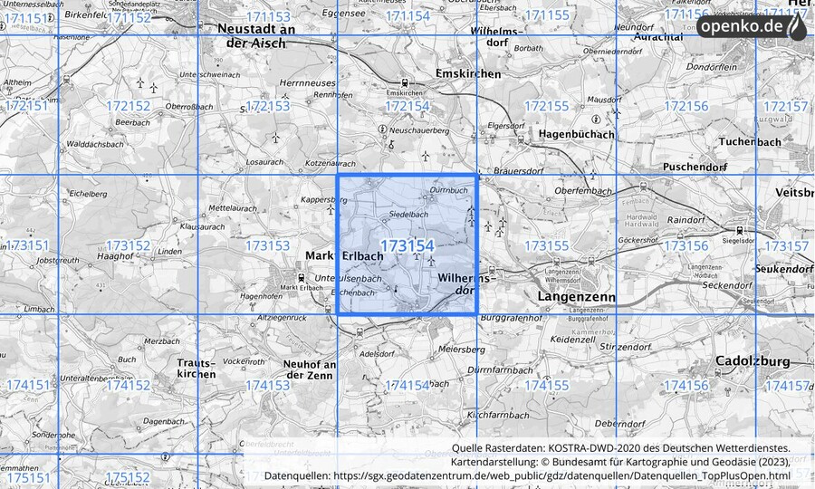 Übersichtskarte des KOSTRA-DWD-2020-Rasterfeldes Nr. 173154