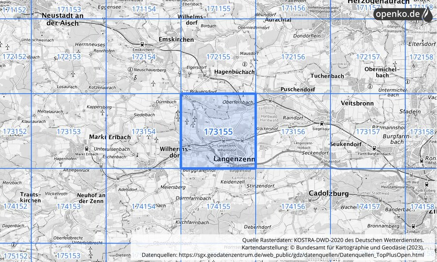 Übersichtskarte des KOSTRA-DWD-2020-Rasterfeldes Nr. 173155