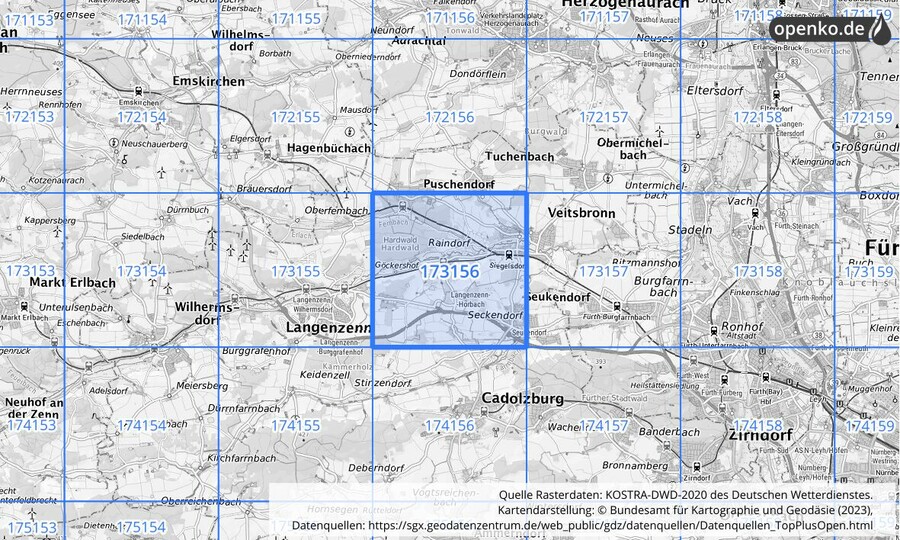 Übersichtskarte des KOSTRA-DWD-2020-Rasterfeldes Nr. 173156