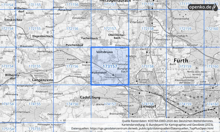 Übersichtskarte des KOSTRA-DWD-2020-Rasterfeldes Nr. 173157