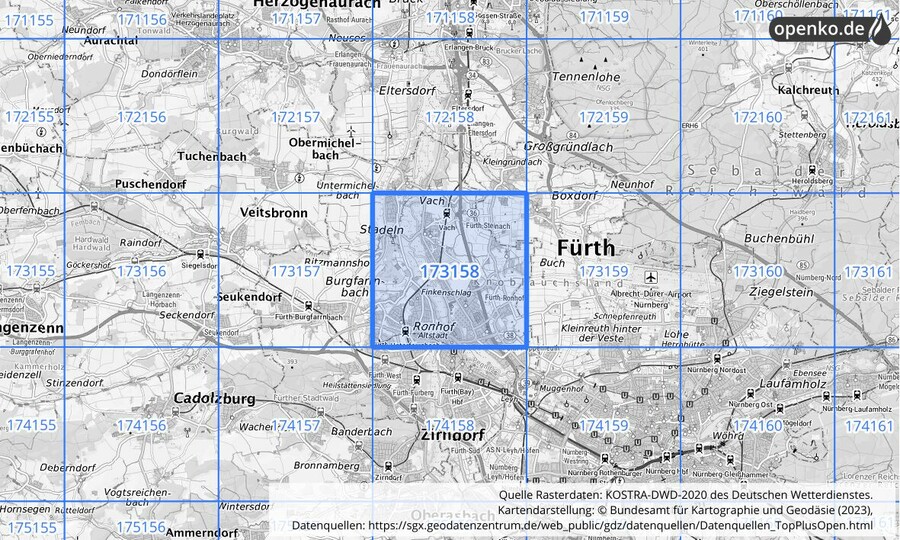 Übersichtskarte des KOSTRA-DWD-2020-Rasterfeldes Nr. 173158