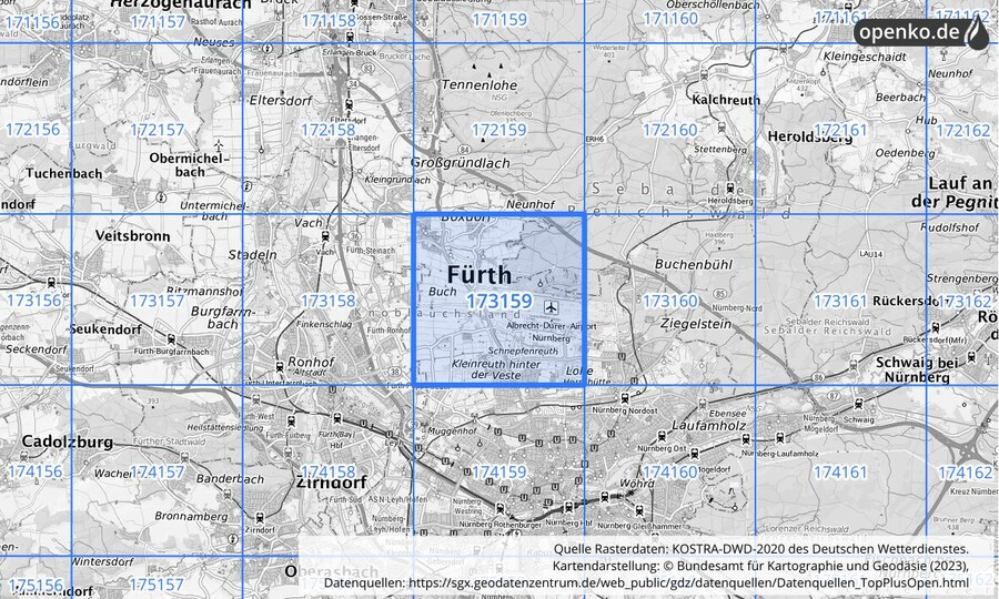 Übersichtskarte des KOSTRA-DWD-2020-Rasterfeldes Nr. 173159