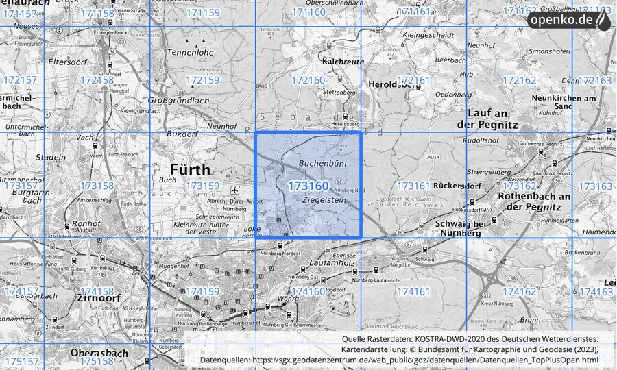 Übersichtskarte des KOSTRA-DWD-2020-Rasterfeldes Nr. 173160