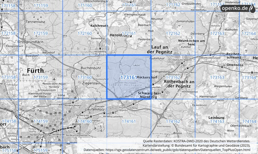 Übersichtskarte des KOSTRA-DWD-2020-Rasterfeldes Nr. 173161