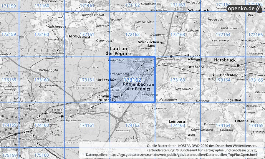 Übersichtskarte des KOSTRA-DWD-2020-Rasterfeldes Nr. 173162