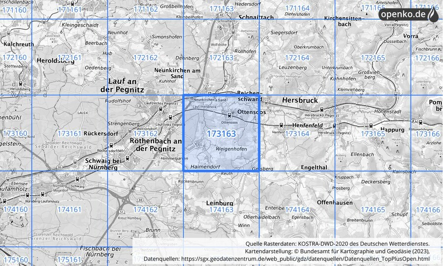 Übersichtskarte des KOSTRA-DWD-2020-Rasterfeldes Nr. 173163