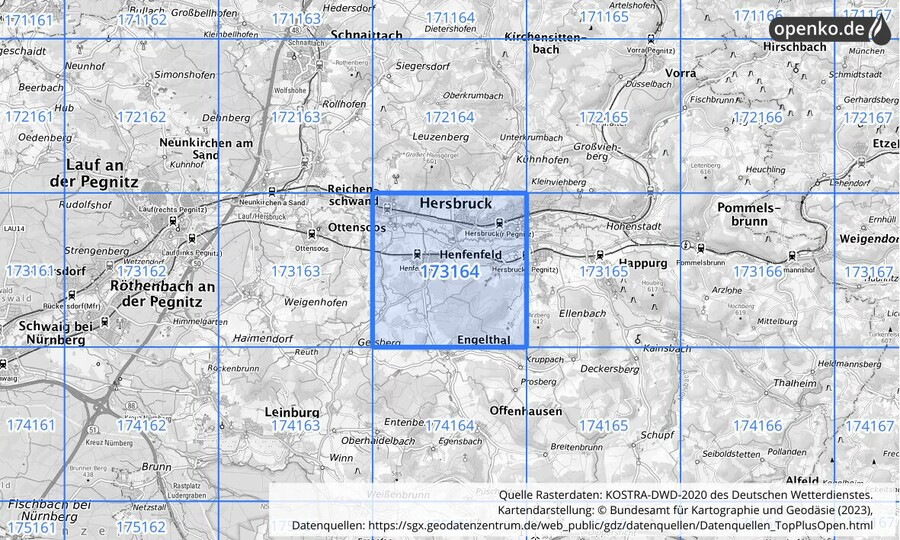 Übersichtskarte des KOSTRA-DWD-2020-Rasterfeldes Nr. 173164