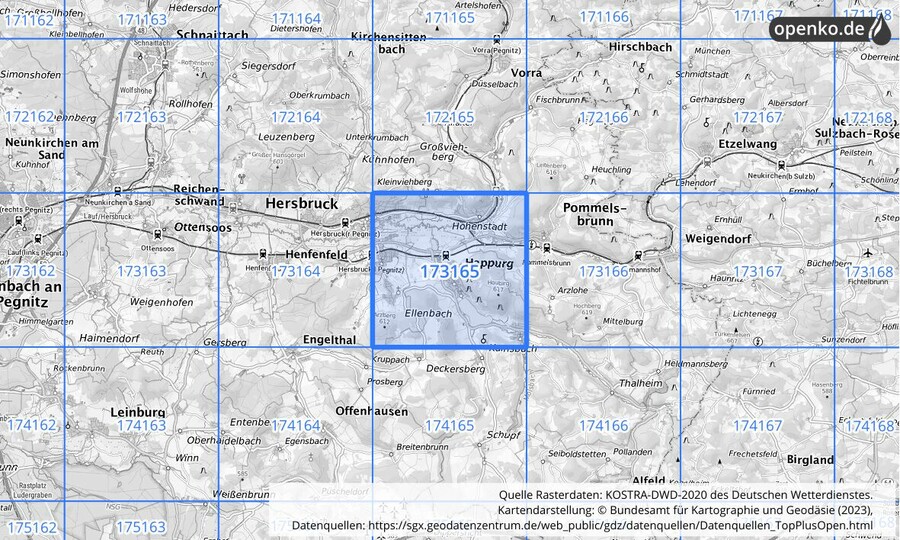 Übersichtskarte des KOSTRA-DWD-2020-Rasterfeldes Nr. 173165