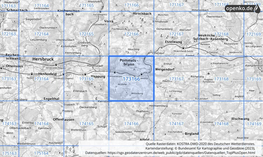 Übersichtskarte des KOSTRA-DWD-2020-Rasterfeldes Nr. 173166