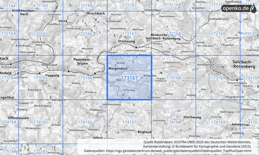 Übersichtskarte des KOSTRA-DWD-2020-Rasterfeldes Nr. 173167