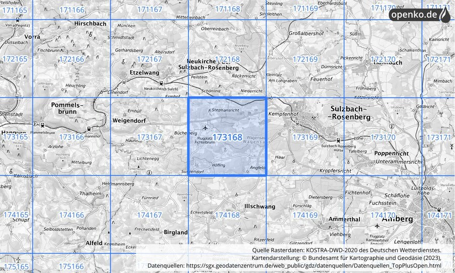 Übersichtskarte des KOSTRA-DWD-2020-Rasterfeldes Nr. 173168