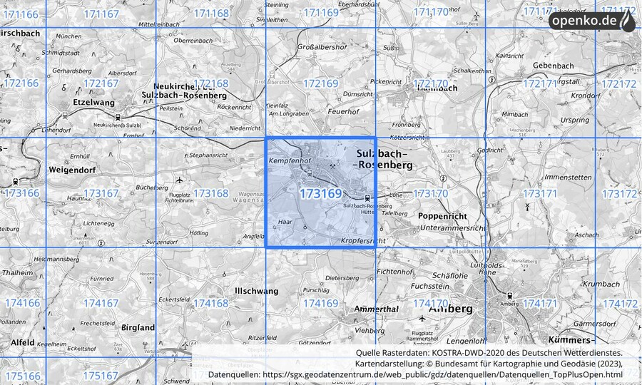 Übersichtskarte des KOSTRA-DWD-2020-Rasterfeldes Nr. 173169