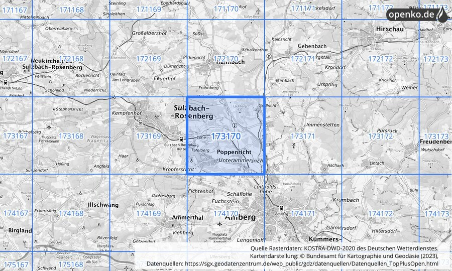 Übersichtskarte des KOSTRA-DWD-2020-Rasterfeldes Nr. 173170