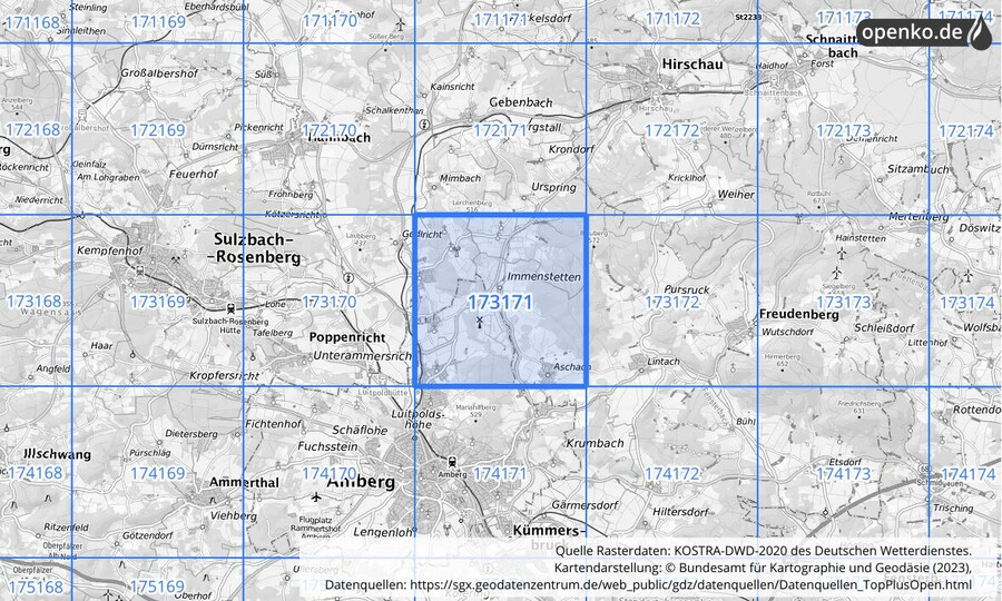 Übersichtskarte des KOSTRA-DWD-2020-Rasterfeldes Nr. 173171
