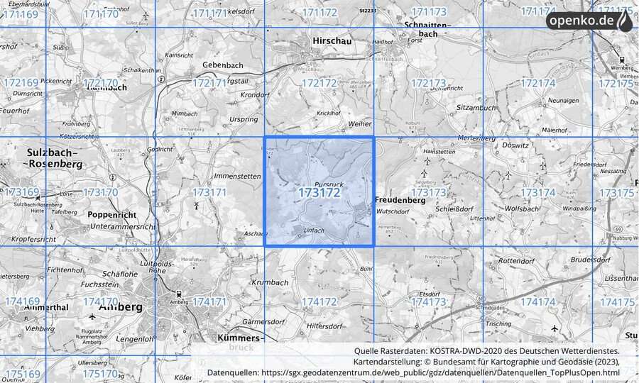 Übersichtskarte des KOSTRA-DWD-2020-Rasterfeldes Nr. 173172