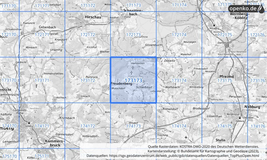 Übersichtskarte des KOSTRA-DWD-2020-Rasterfeldes Nr. 173173
