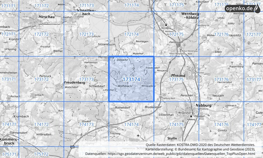 Übersichtskarte des KOSTRA-DWD-2020-Rasterfeldes Nr. 173174