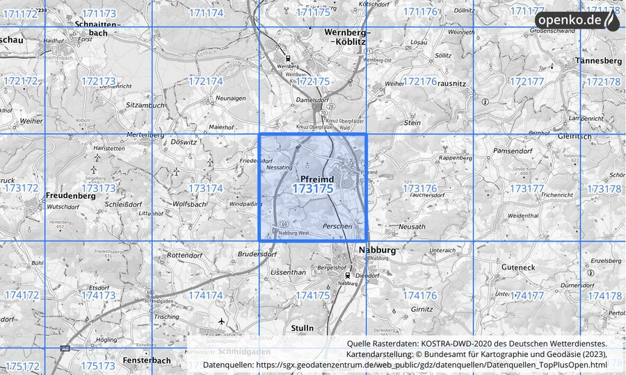 Übersichtskarte des KOSTRA-DWD-2020-Rasterfeldes Nr. 173175