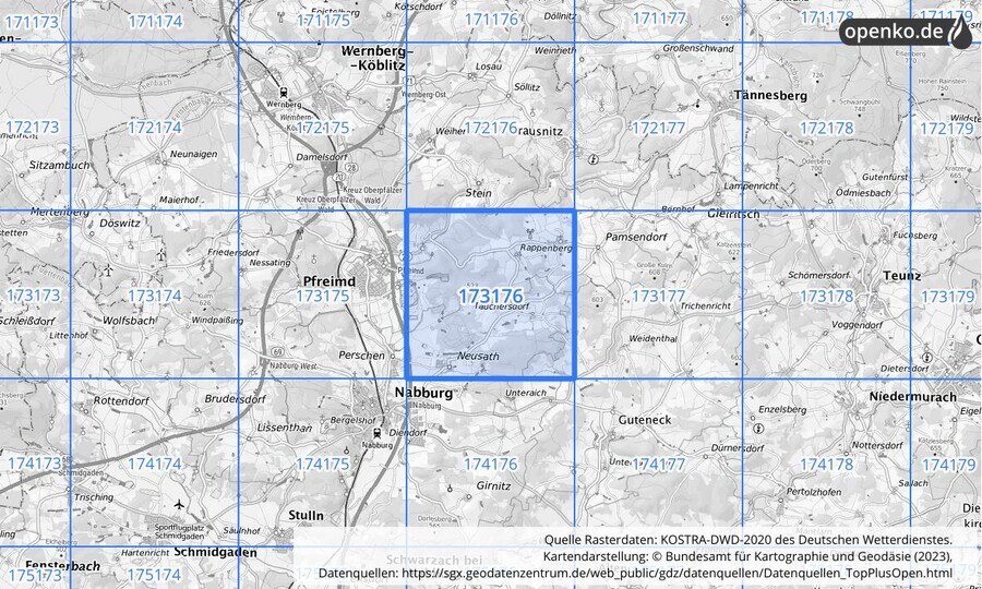 Übersichtskarte des KOSTRA-DWD-2020-Rasterfeldes Nr. 173176