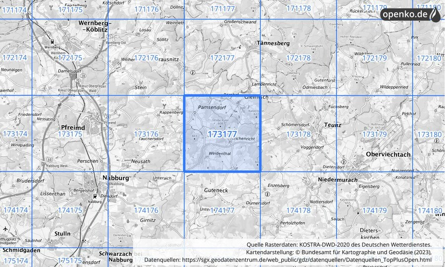 Übersichtskarte des KOSTRA-DWD-2020-Rasterfeldes Nr. 173177