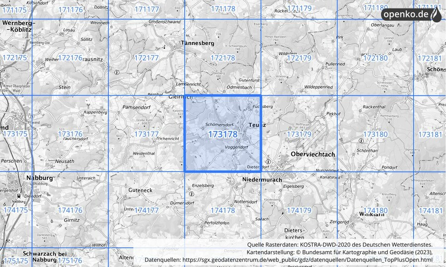 Übersichtskarte des KOSTRA-DWD-2020-Rasterfeldes Nr. 173178