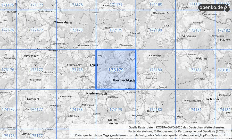 Übersichtskarte des KOSTRA-DWD-2020-Rasterfeldes Nr. 173179