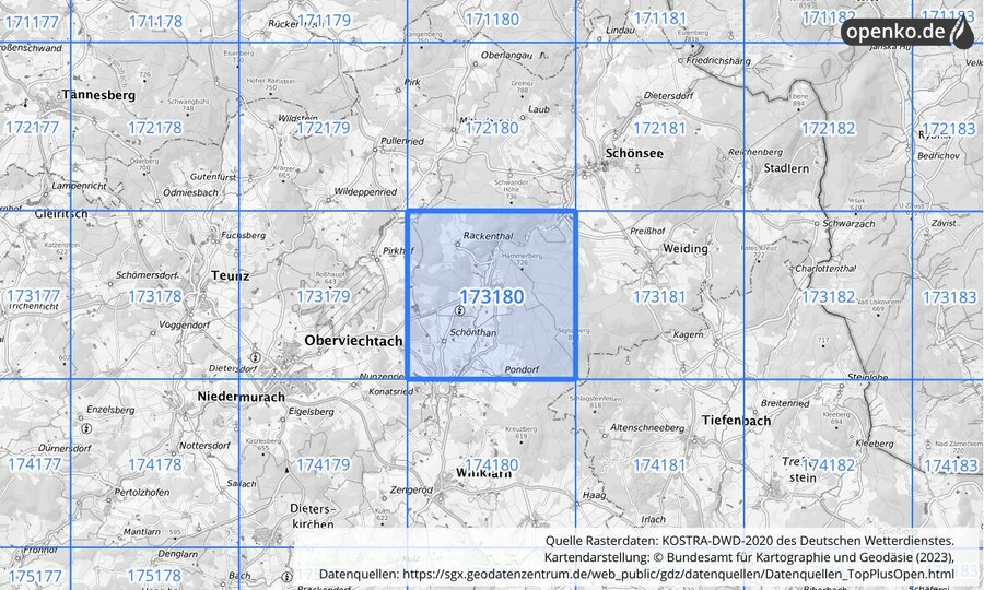 Übersichtskarte des KOSTRA-DWD-2020-Rasterfeldes Nr. 173180