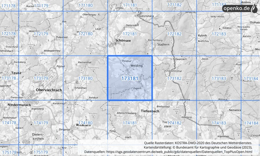 Übersichtskarte des KOSTRA-DWD-2020-Rasterfeldes Nr. 173181