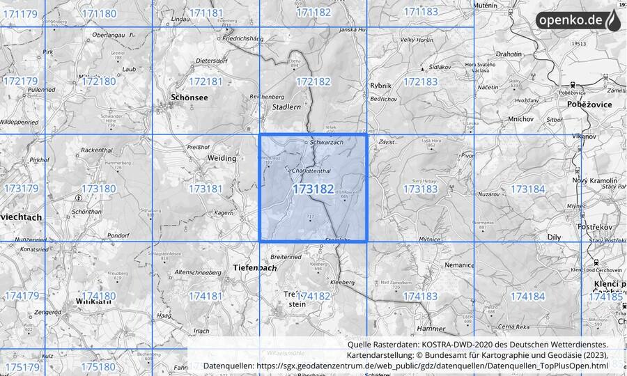 Übersichtskarte des KOSTRA-DWD-2020-Rasterfeldes Nr. 173182