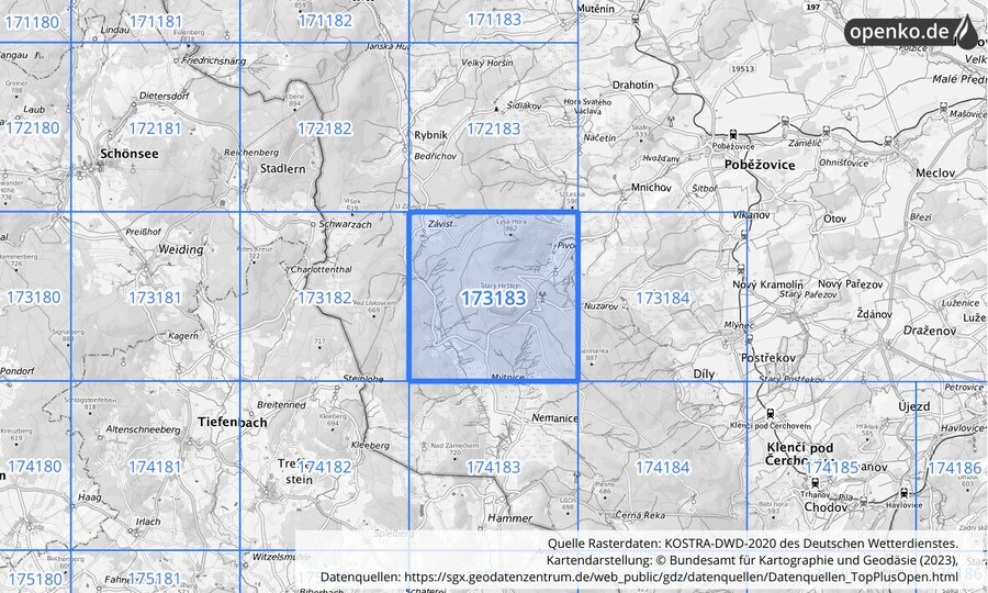 Übersichtskarte des KOSTRA-DWD-2020-Rasterfeldes Nr. 173183