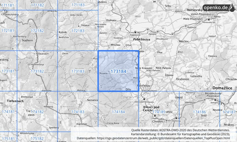 Übersichtskarte des KOSTRA-DWD-2020-Rasterfeldes Nr. 173184
