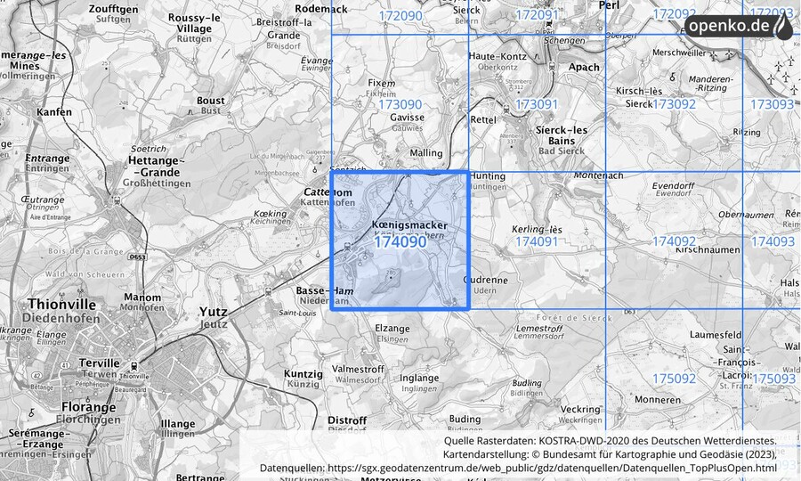 Übersichtskarte des KOSTRA-DWD-2020-Rasterfeldes Nr. 174090