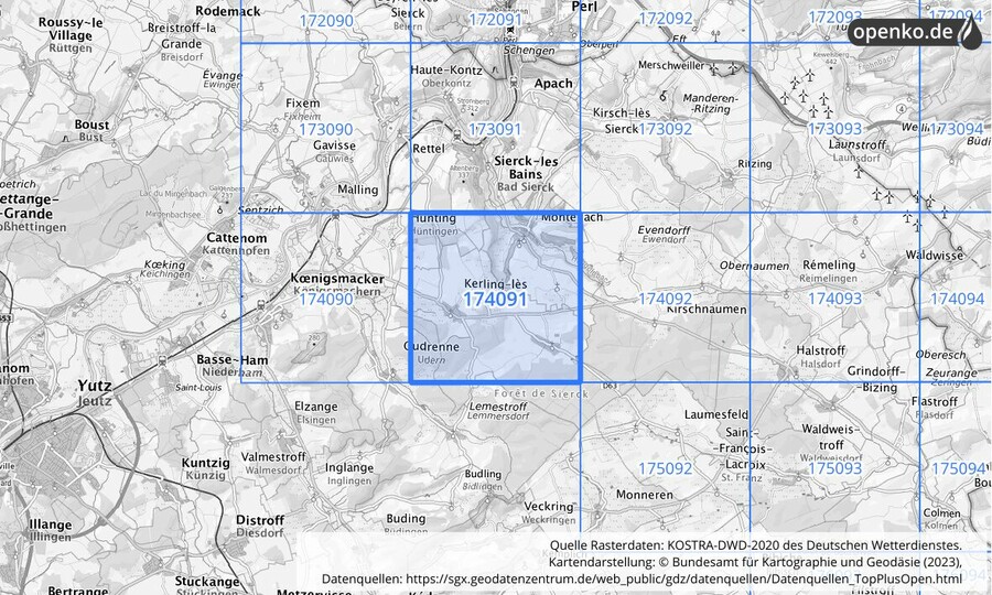 Übersichtskarte des KOSTRA-DWD-2020-Rasterfeldes Nr. 174091