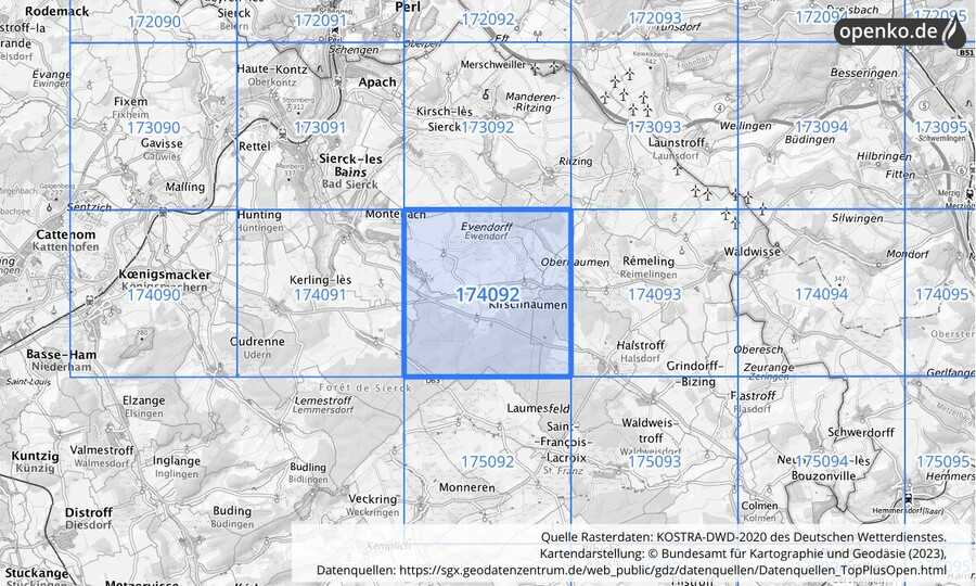 Übersichtskarte des KOSTRA-DWD-2020-Rasterfeldes Nr. 174092