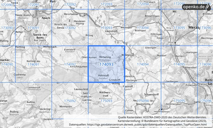 Übersichtskarte des KOSTRA-DWD-2020-Rasterfeldes Nr. 174093