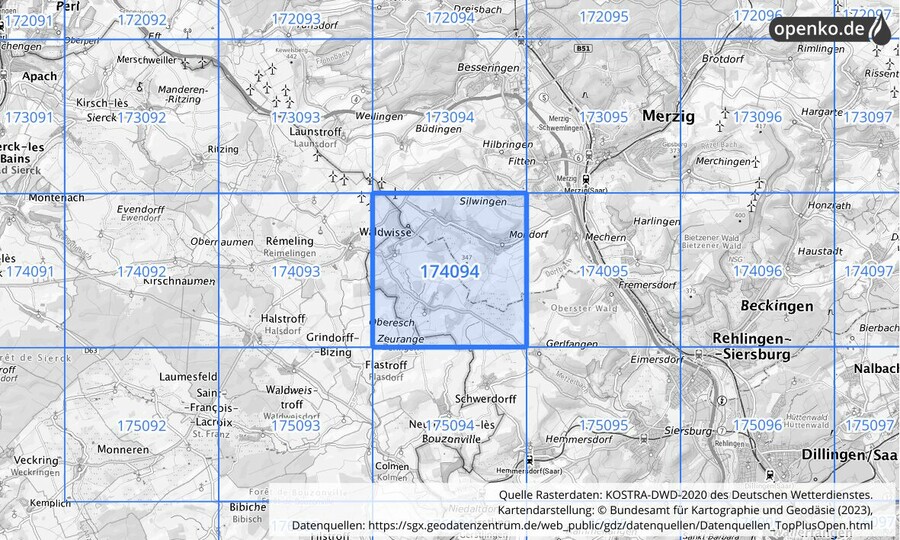 Übersichtskarte des KOSTRA-DWD-2020-Rasterfeldes Nr. 174094